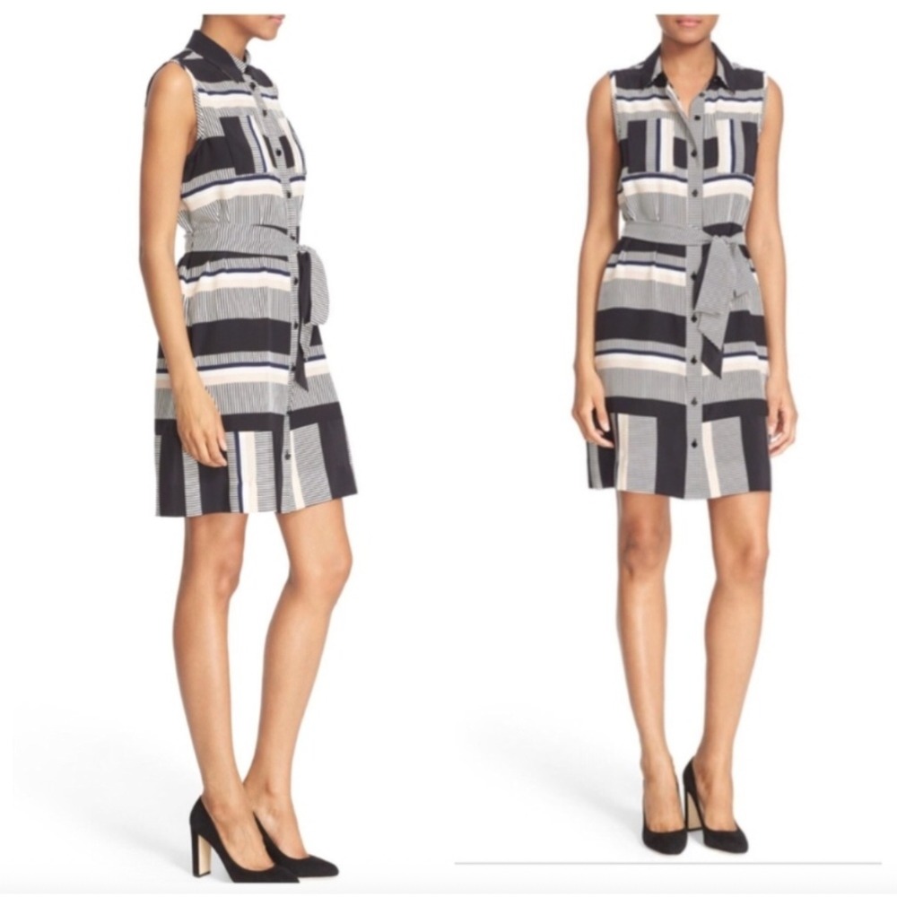 Kate Spade Bay Stripe Silk Shirtdress XL Navy Cream Sleeveless Belt